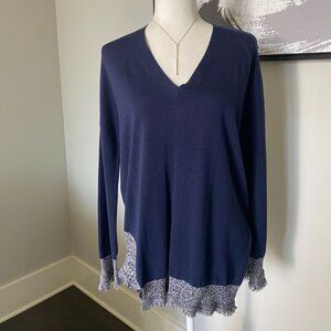 WINTER SALE! Navy Blue V-Neck Asymmetrical Distressed Sweater